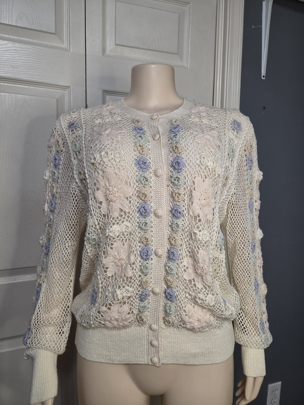 Vintage Cream Floral Crochet Cardigan Sweater with Pastel Accents